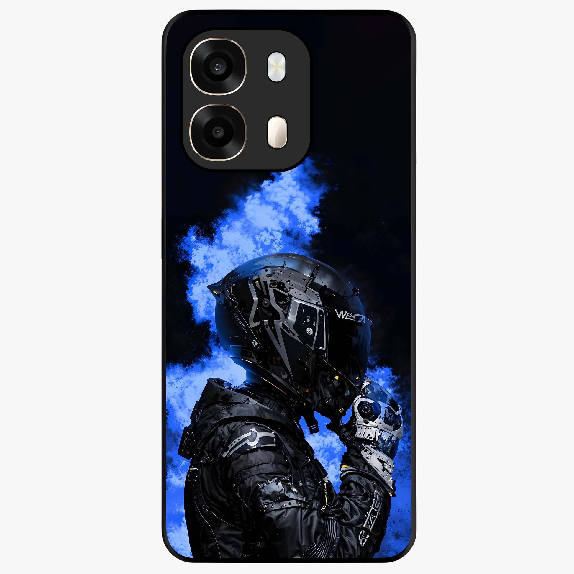 Cyber Sentinel Protocol Glass Case showing flat back view with futuristic cyber themed artwork and glossy glass finish.