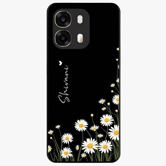 Daisy Cascade Custom Name Glass Case showing flat back view with cascading daisy flowers and personalized name design.