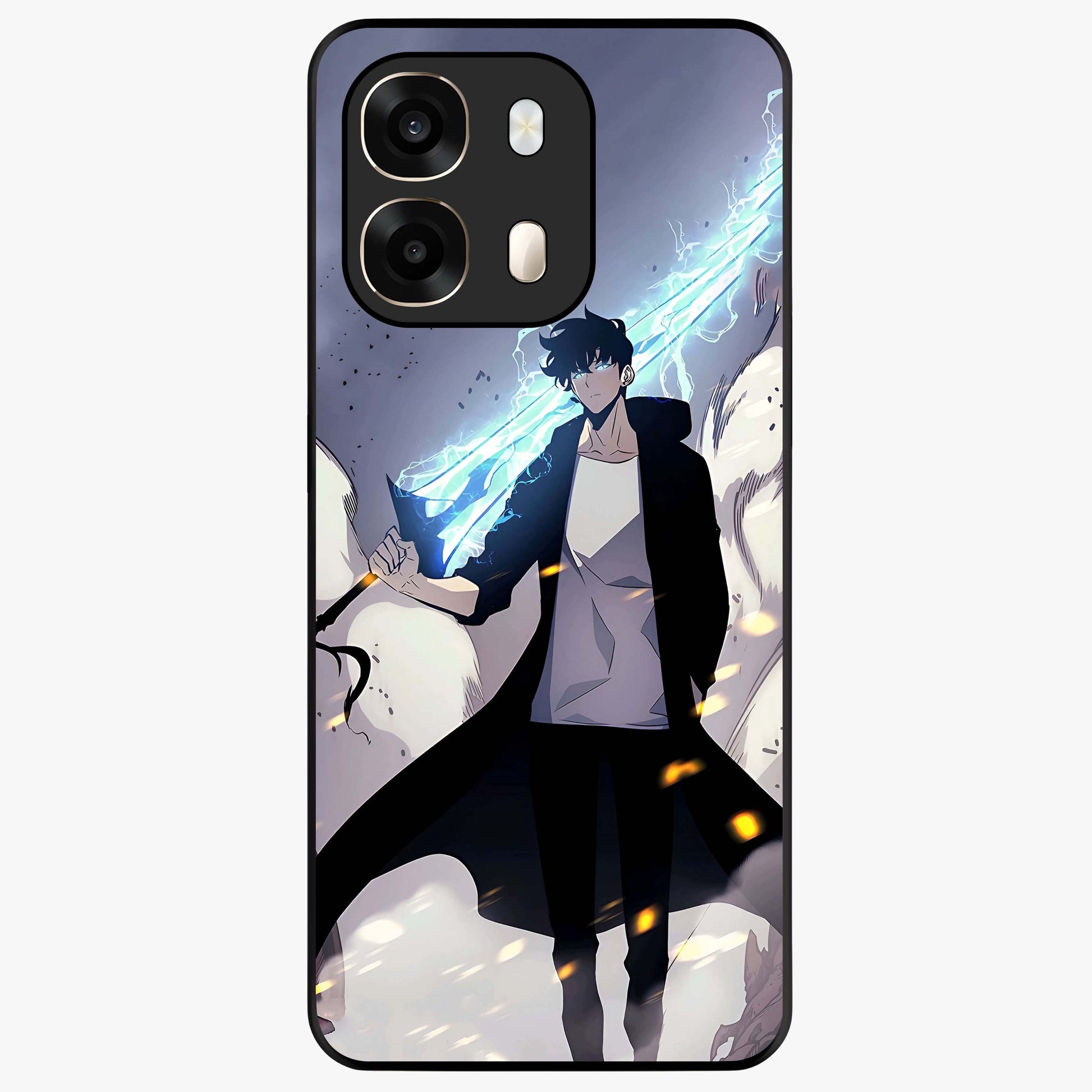 Dark Lightning Anime Warrior Glass Case showing flat back view with intense anime warrior artwork and glossy glass finish.
