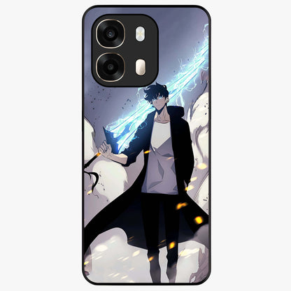 Dark Lightning Anime Warrior Glass Case showing flat back view with intense anime warrior artwork and glossy glass finish.