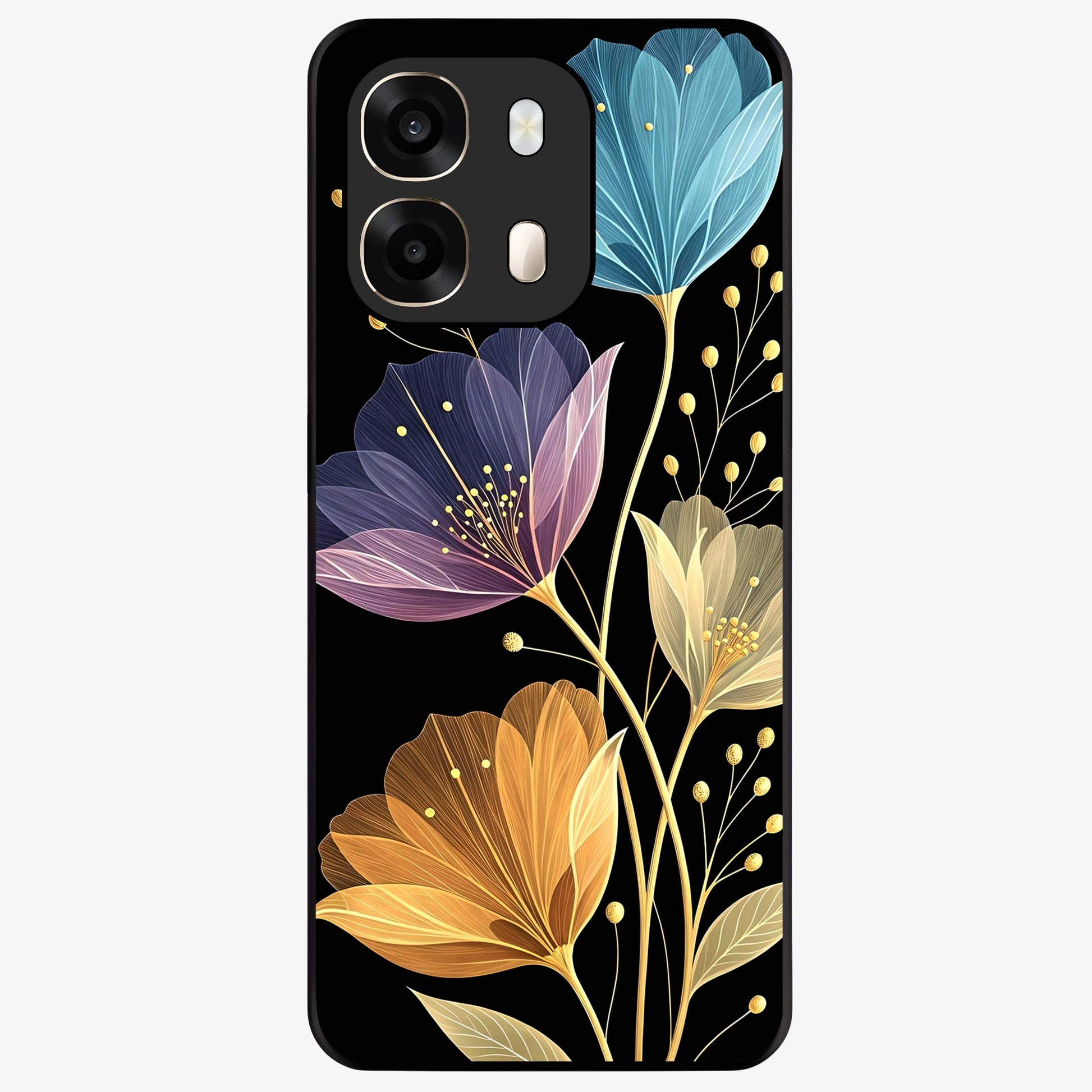 Delicate Multicolor Flowers Glass Case showing flat back view with vibrant floral artwork and glossy glass finish.