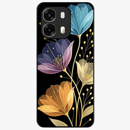 Delicate Multicolor Flowers Glass Case showing flat back view with vibrant floral artwork and glossy glass finish.