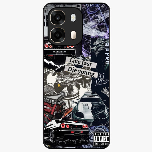 Die Young Glass Case showing flat back view with bold artistic typography design and glossy glass finish.