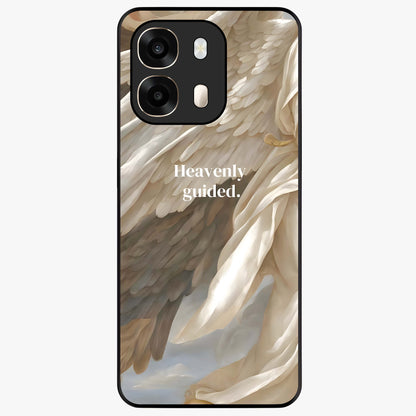 Divine Winged Grace Glass Case showing flat back view with elegant wing inspired artwork and glossy glass finish.