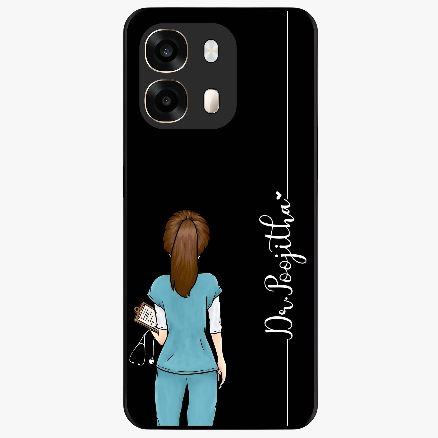 Doctor Pattern Custom Name Glass Case showing flat back view with medical themed pattern and personalized name design.