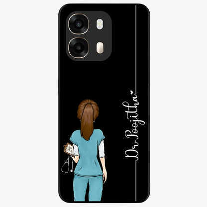 Doctor Pattern Custom Name Glass Case showing flat back view with medical themed pattern and personalized name design.