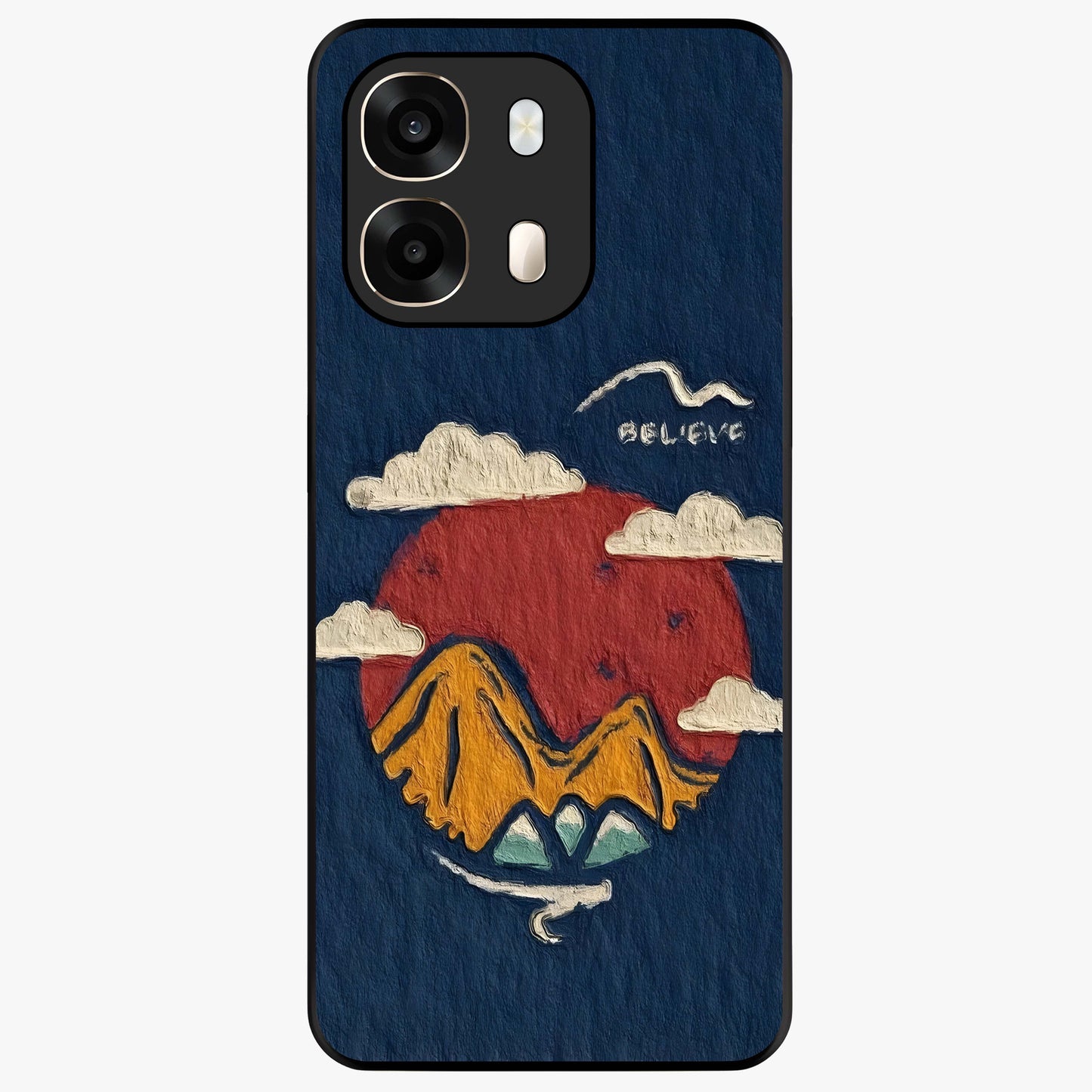 Dream Beyond Mountains Glass Case showing flat back view with scenic mountain landscape artwork and glossy glass finish.