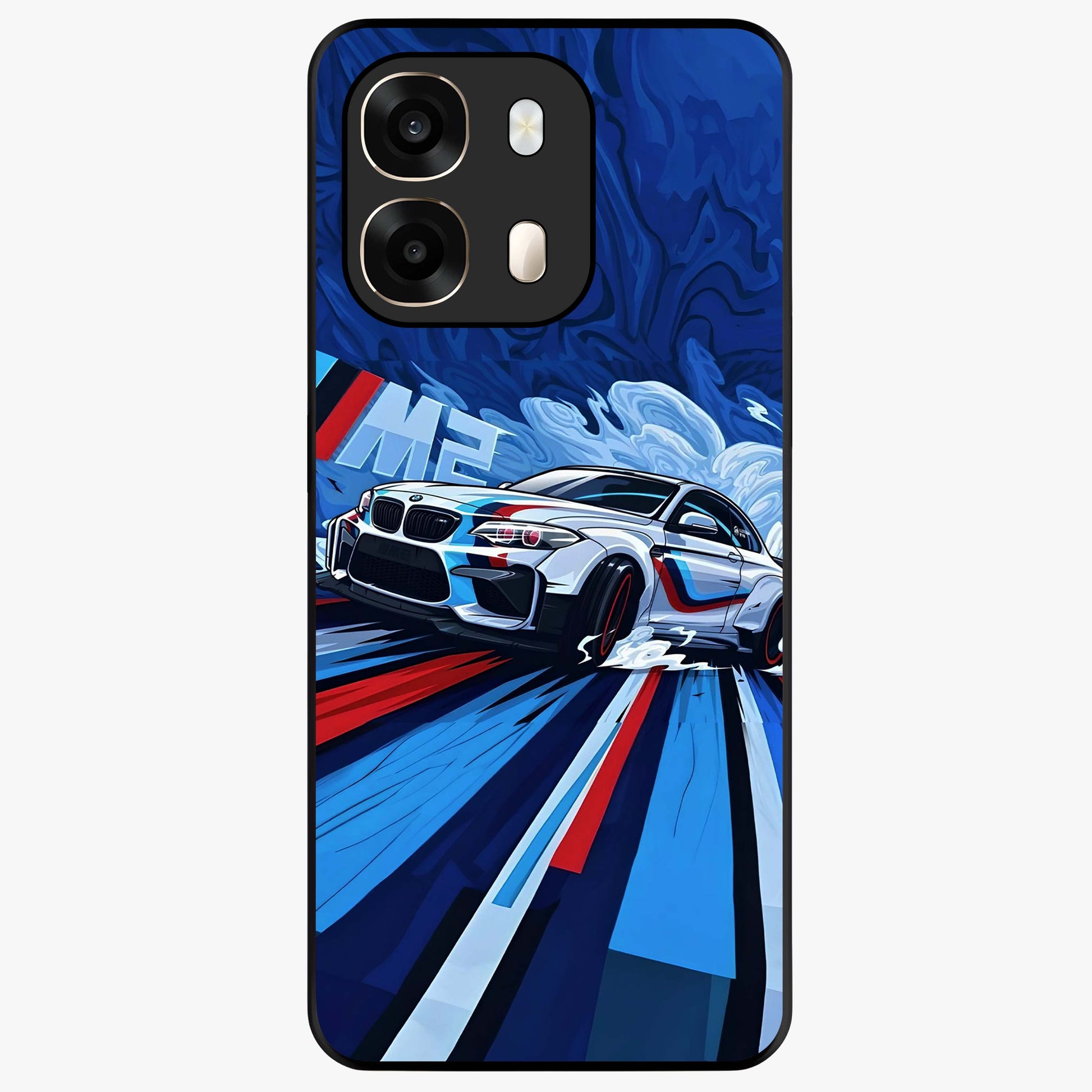 Drift Power Rush Glass Case showing flat back view with dynamic racing inspired artwork and glossy glass finish.