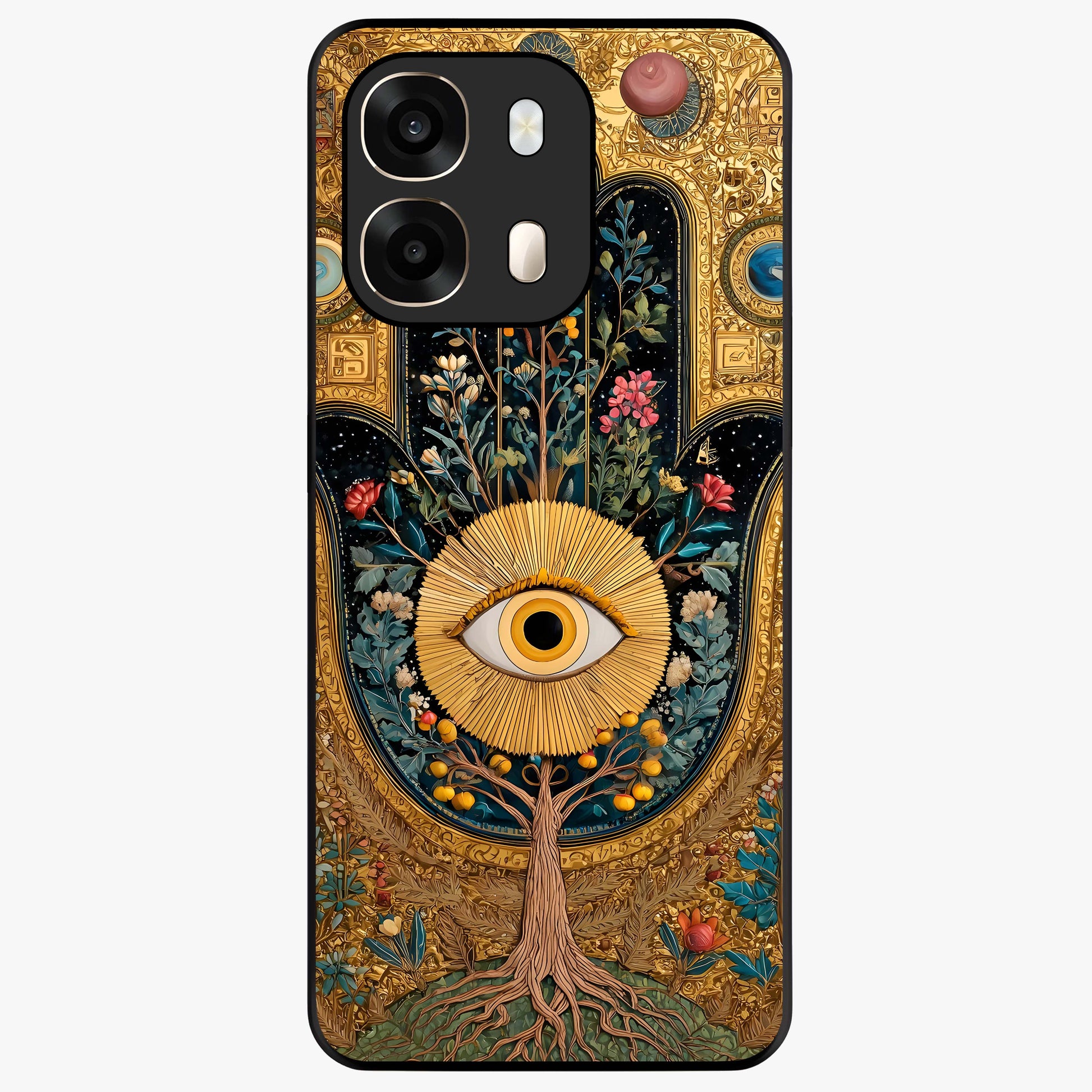 Ethereal Evil Eye Glass Case showing flat back view with mystical evil eye artwork and glossy glass finish.
