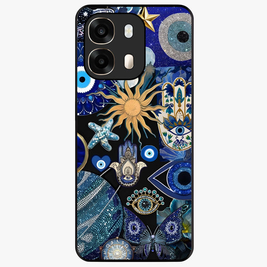 Evil Eye Charm Mix Glass Case showing flat back view with multiple evil eye charms artwork and glossy glass finish.