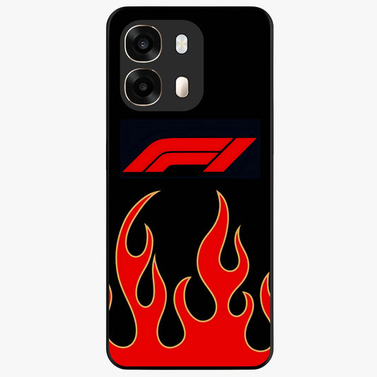 Fire F11 Glass Case showing flat back view with fiery themed artwork and glossy glass finish.