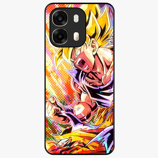 Firing Goku Glass Case showing flat back view with powerful anime inspired artwork and glossy glass finish.