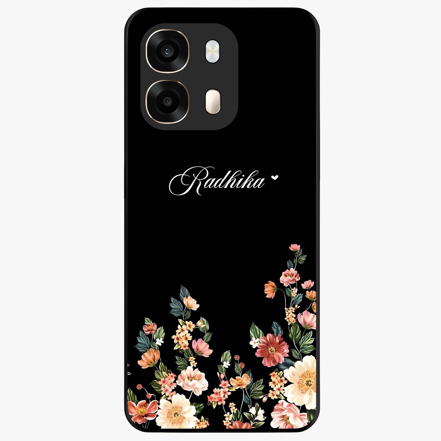 Floral Design With a Custom Personalized Name Glass Case showing flat back view with floral artwork and personalized name design.