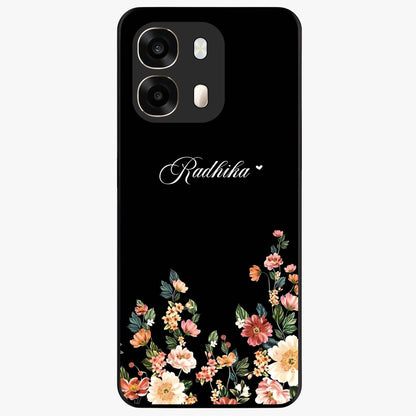 Floral Design With a Custom Personalized Name Glass Case showing flat back view with floral artwork and personalized name design.