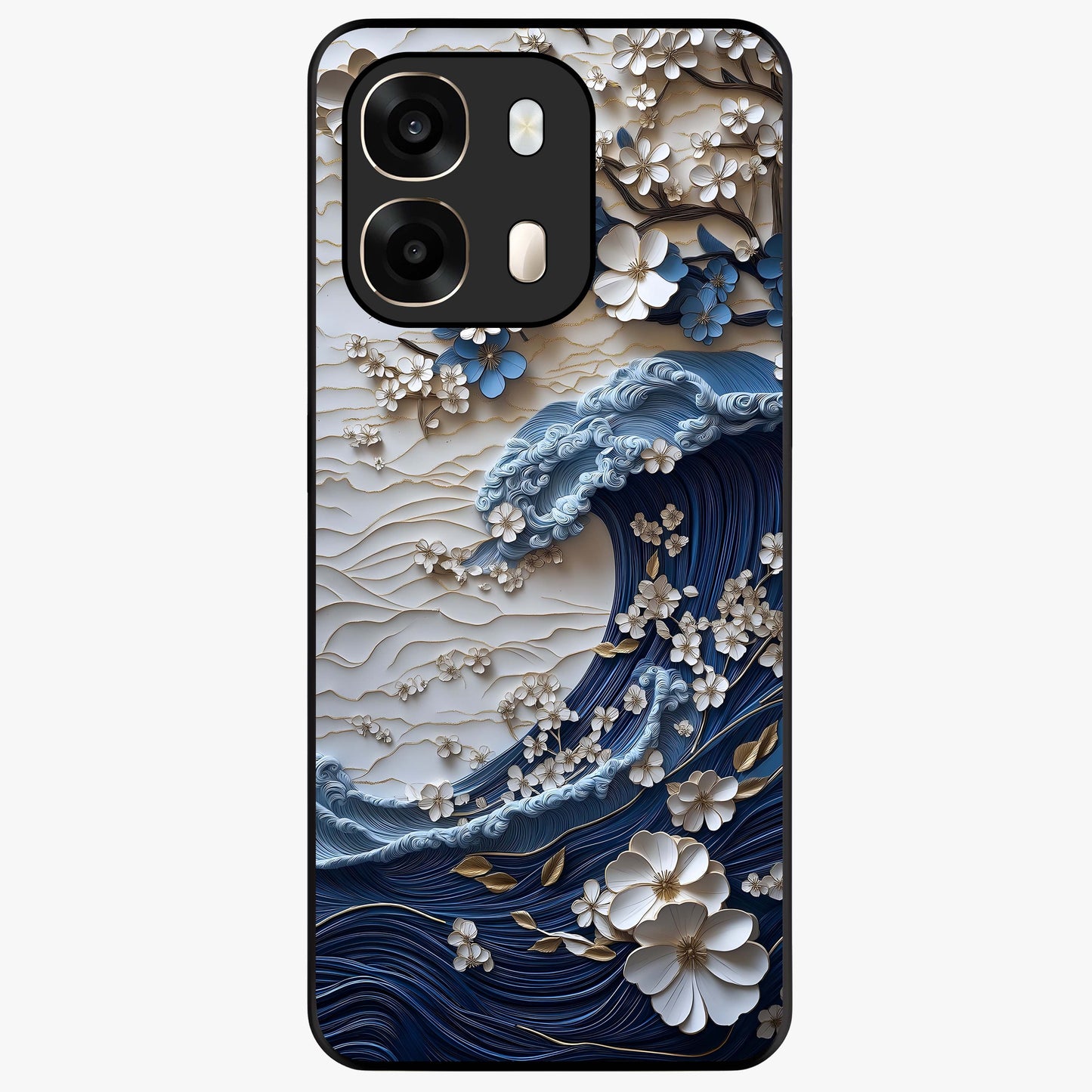 Floral Wave Origami Glass Case showing flat back view with origami inspired floral wave artwork and glossy glass finish.