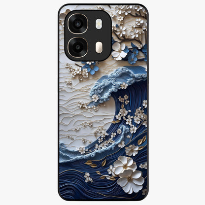 Floral Wave Origami Glass Case showing flat back view with origami inspired floral wave artwork and glossy glass finish.