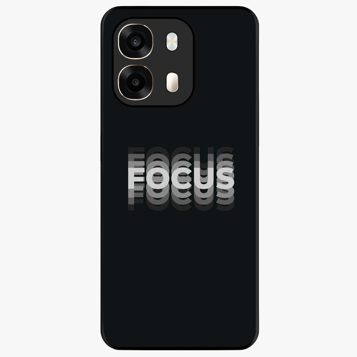 Focus Mode On Glass Case showing flat back view with bold motivational typography design and glossy glass finish.