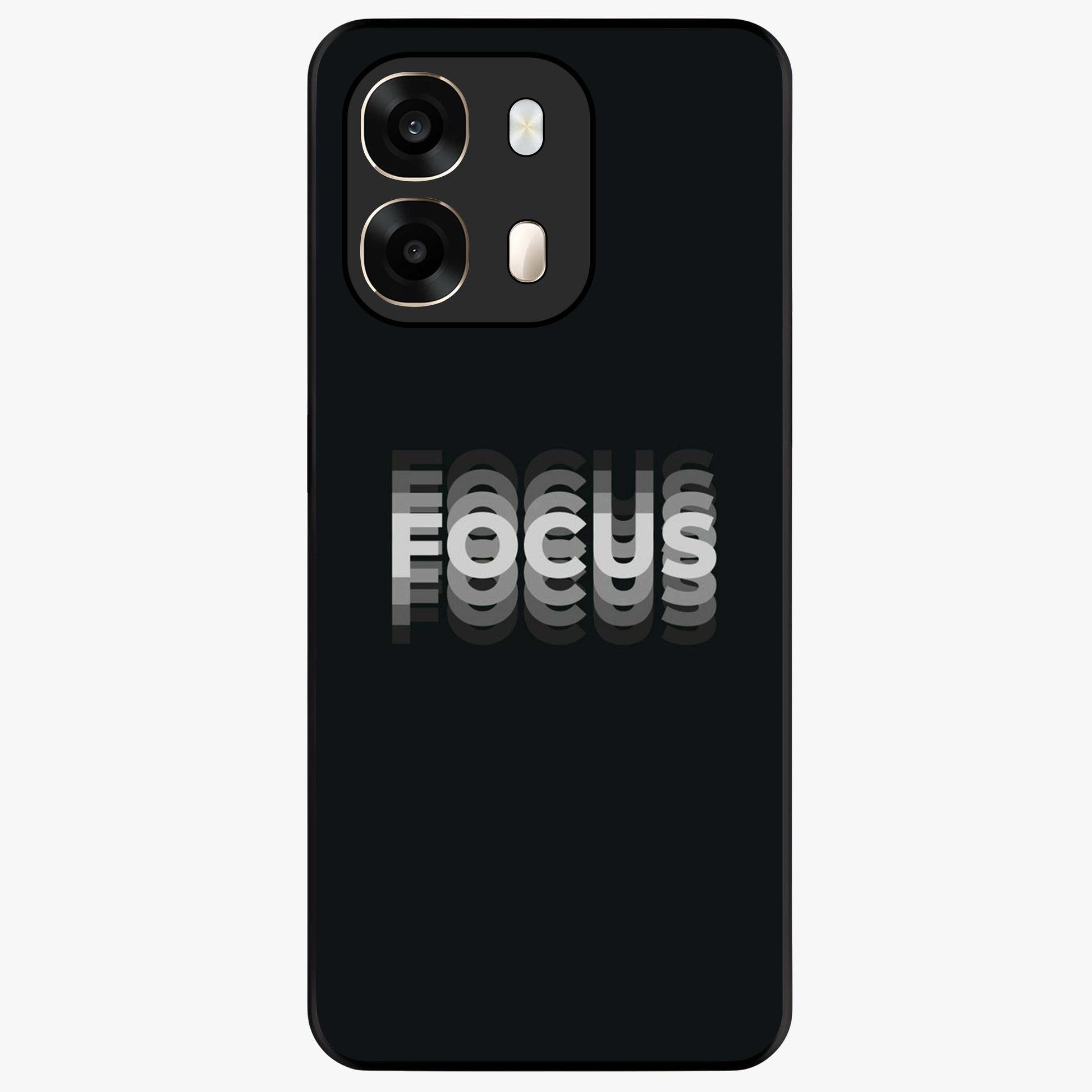 Focus Mode On Glass Case showing flat back view with bold motivational typography design and glossy glass finish.