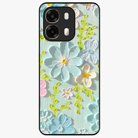 Frosted Petal Garden Glass Case showing flat back view with soft frosted floral artwork and glossy glass finish.