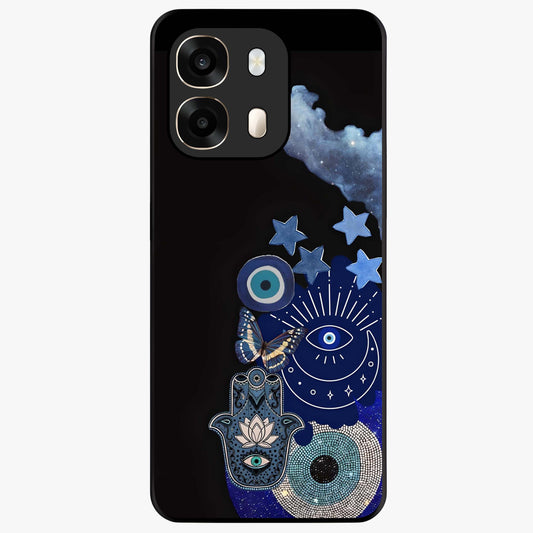 Galactic Charm Cluster Glass Case showing flat back view with glowing celestial charm artwork and glossy glass finish.