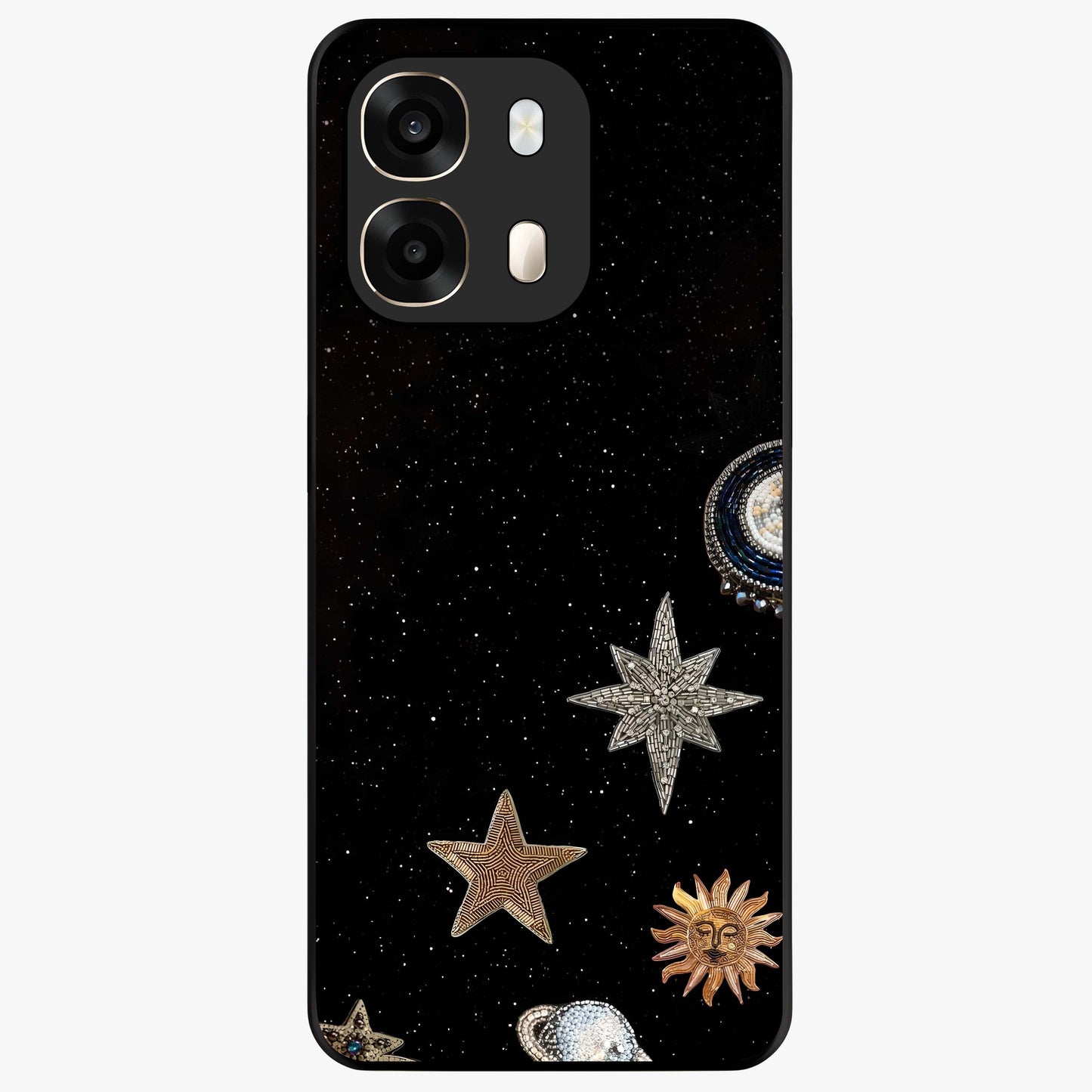 Galactic Charm Glow Glass Case showing flat back view with glowing celestial charm artwork and glossy glass finish.