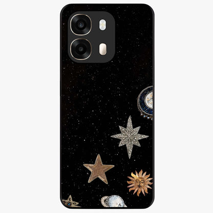 Galactic Charm Glow Glass Case showing flat back view with glowing celestial charm artwork and glossy glass finish.