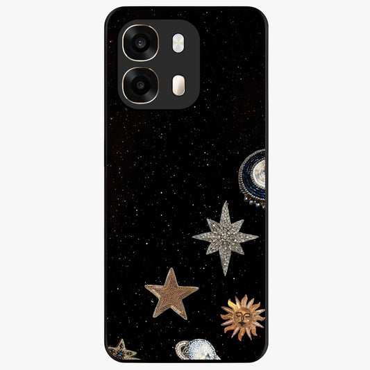 Galactic Charm Glow Glass Case showing flat back view with glowing celestial charm artwork and glossy glass finish.