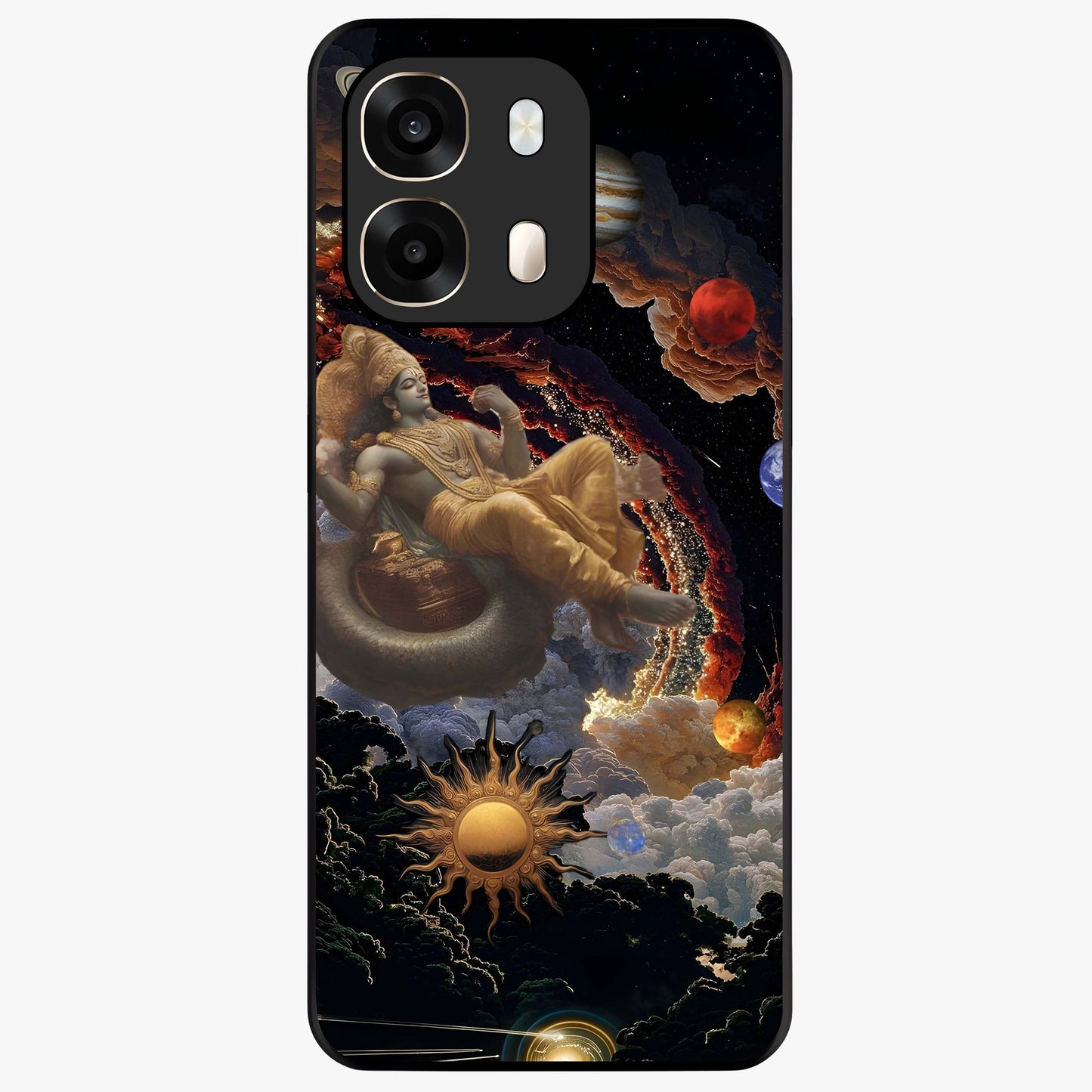 Galactic Divine God Glass Case showing flat back view with divine cosmic themed artwork and glossy glass finish.
