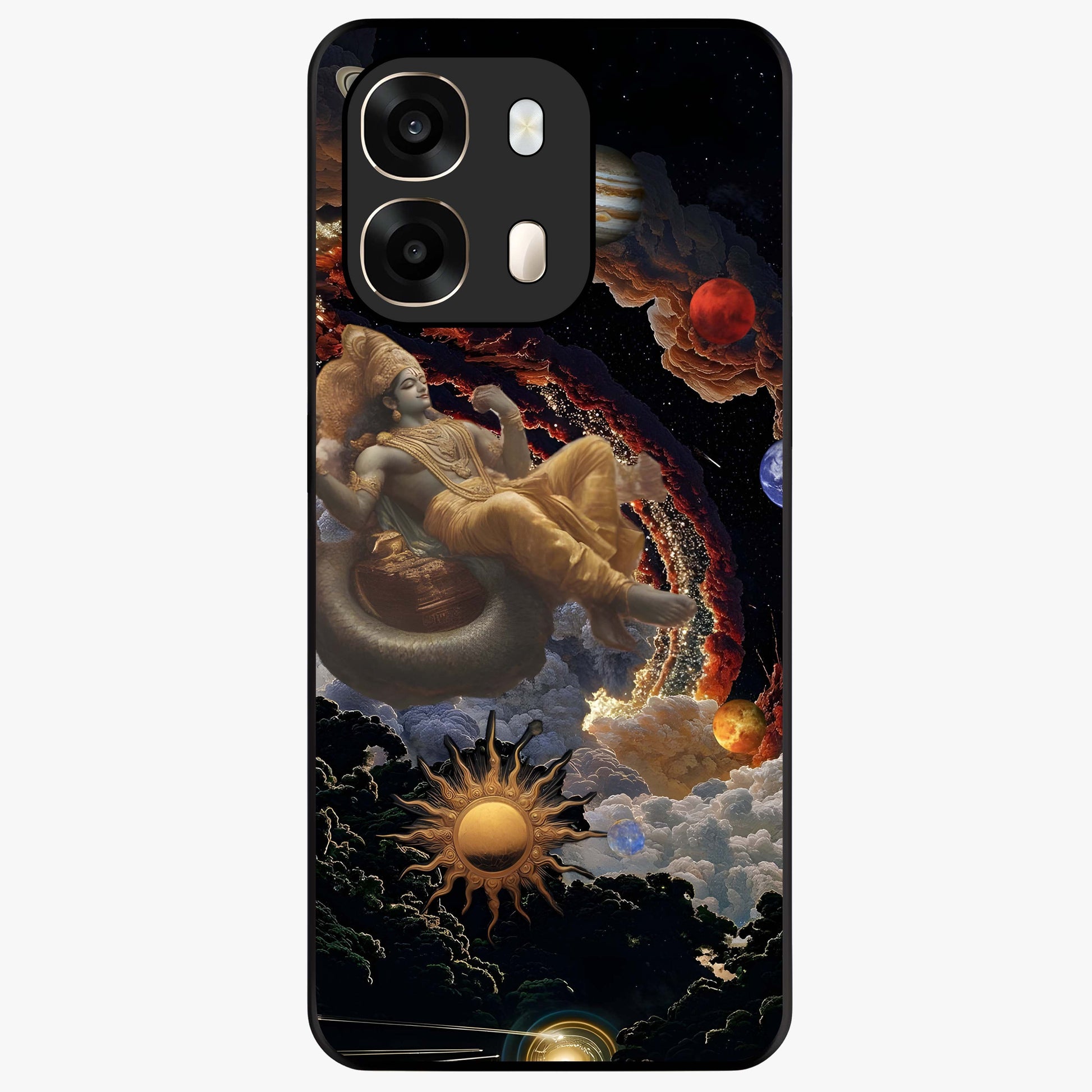 Galactic Divine God Glass Case showing flat back view with divine cosmic themed artwork and glossy glass finish.