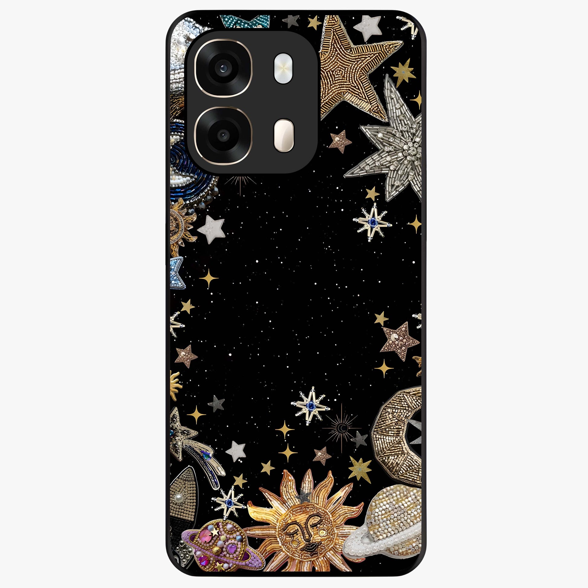 Galactic Jewel Stars Glass Case showing flat back view with sparkling star jewel artwork and glossy glass finish.