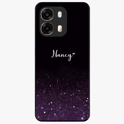 Glittery Purple Bokeh Custom Name Glass Case showing flat back view with purple bokeh sparkle artwork and personalized name design.