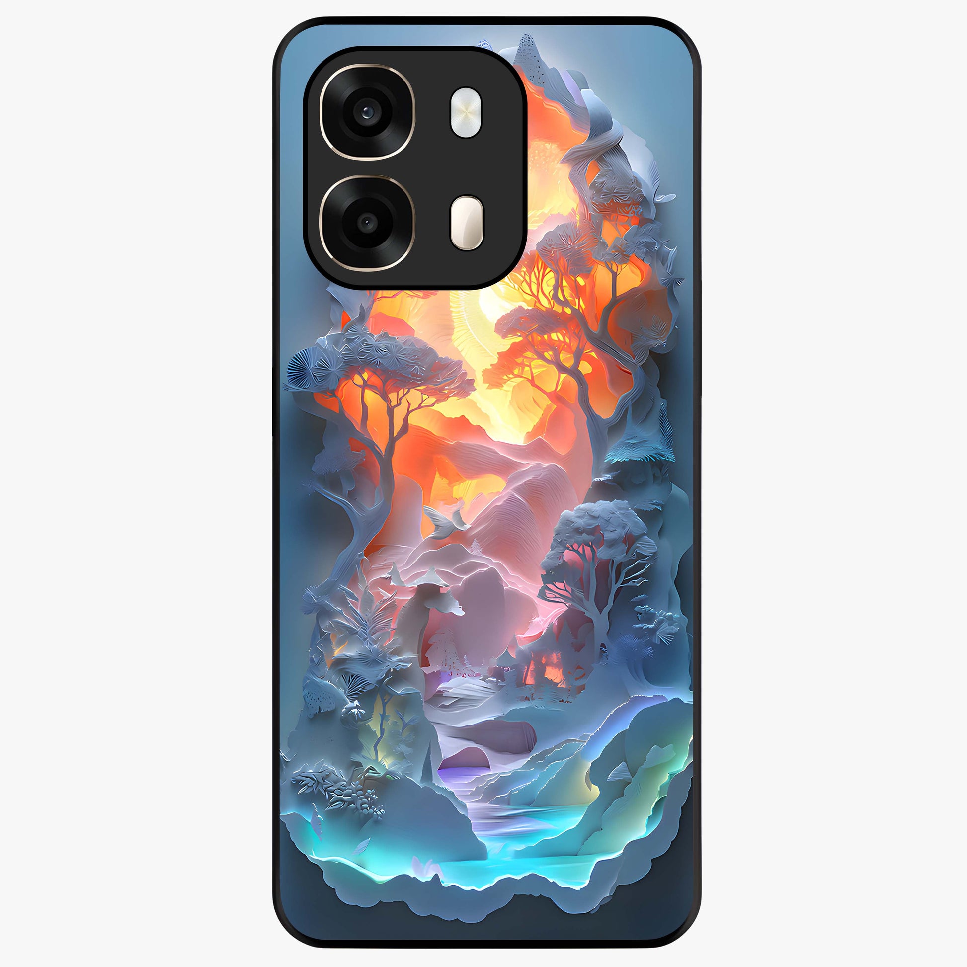 Glow Forest Portal Glass Case showing flat back view with glowing forest portal artwork and glossy glass finish.