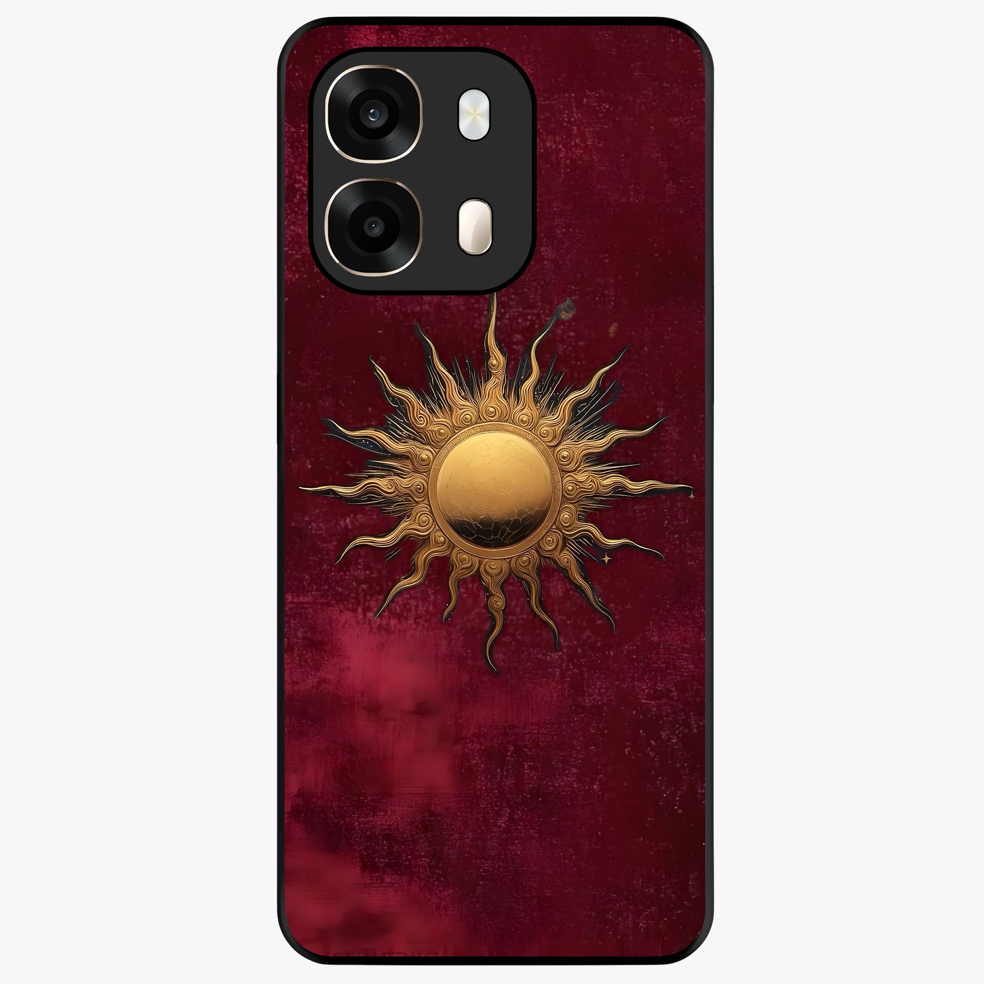 Gold Sun Blush Glass Case showing flat back view with golden sun inspired artwork and glossy glass finish.