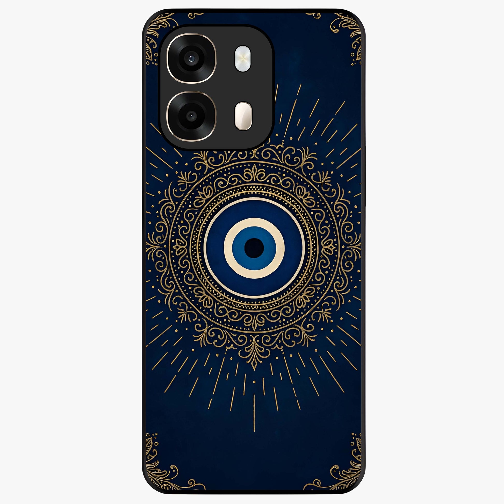 Golden Evil Eye Mandala Glass Case showing flat back view with intricate evil eye mandala artwork and glossy glass finish.