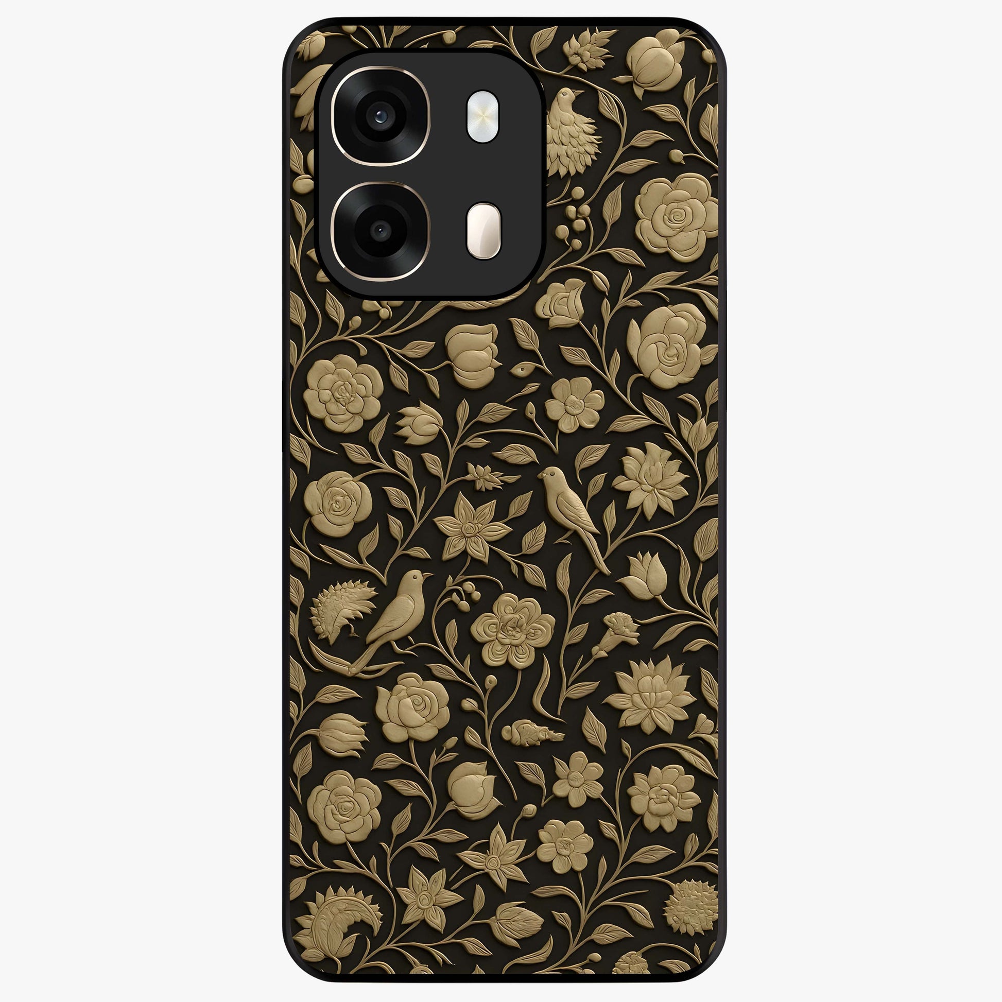 Golden Floral Majesty Glass Case showing flat back view with luxurious golden floral artwork and glossy glass finish.