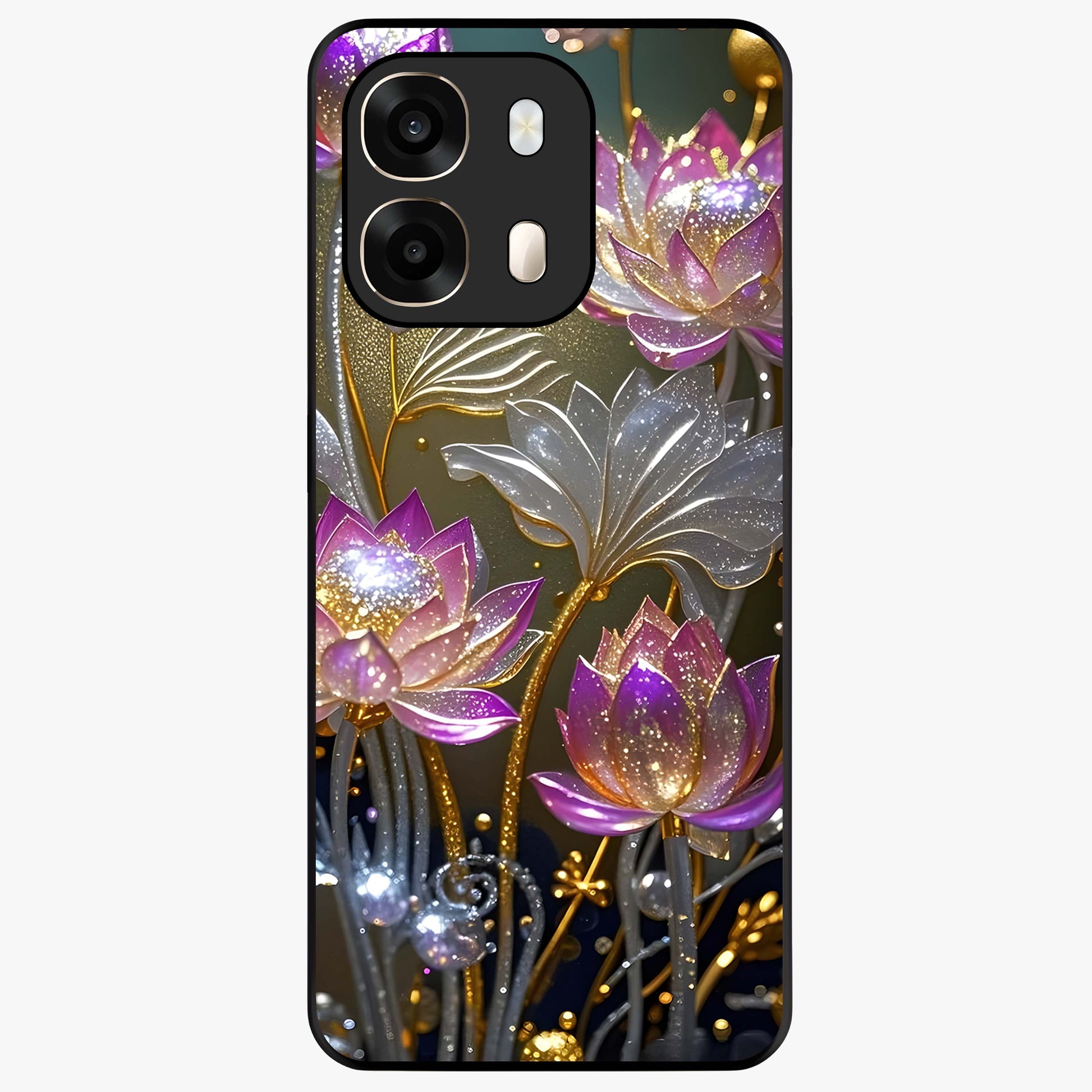 Golden Lotus Glow Glass Case showing flat back view with glowing lotus flower artwork and glossy glass finish.