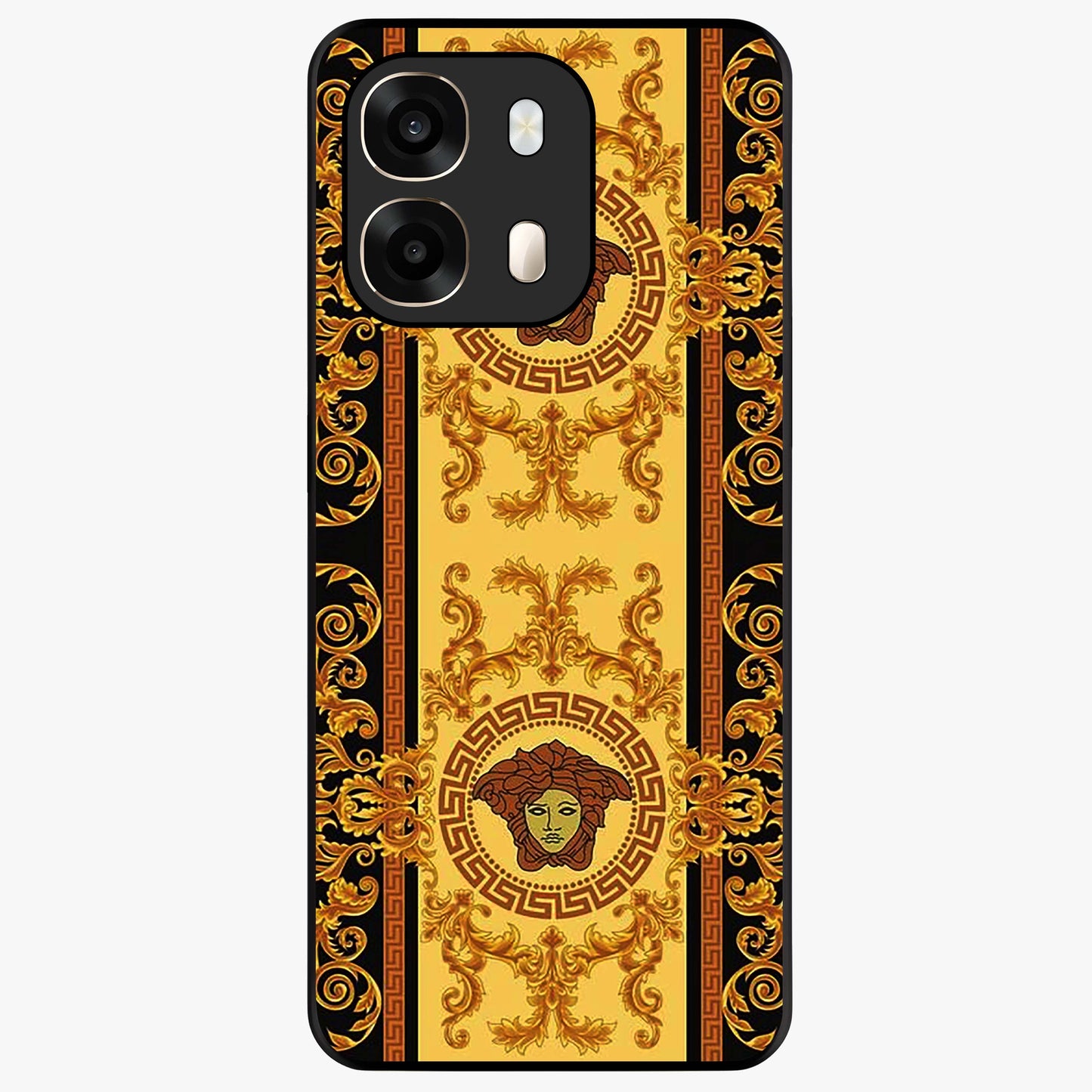 Golden Royal Heritage Glass Case showing flat back view with ornate royal pattern artwork and glossy glass finish.