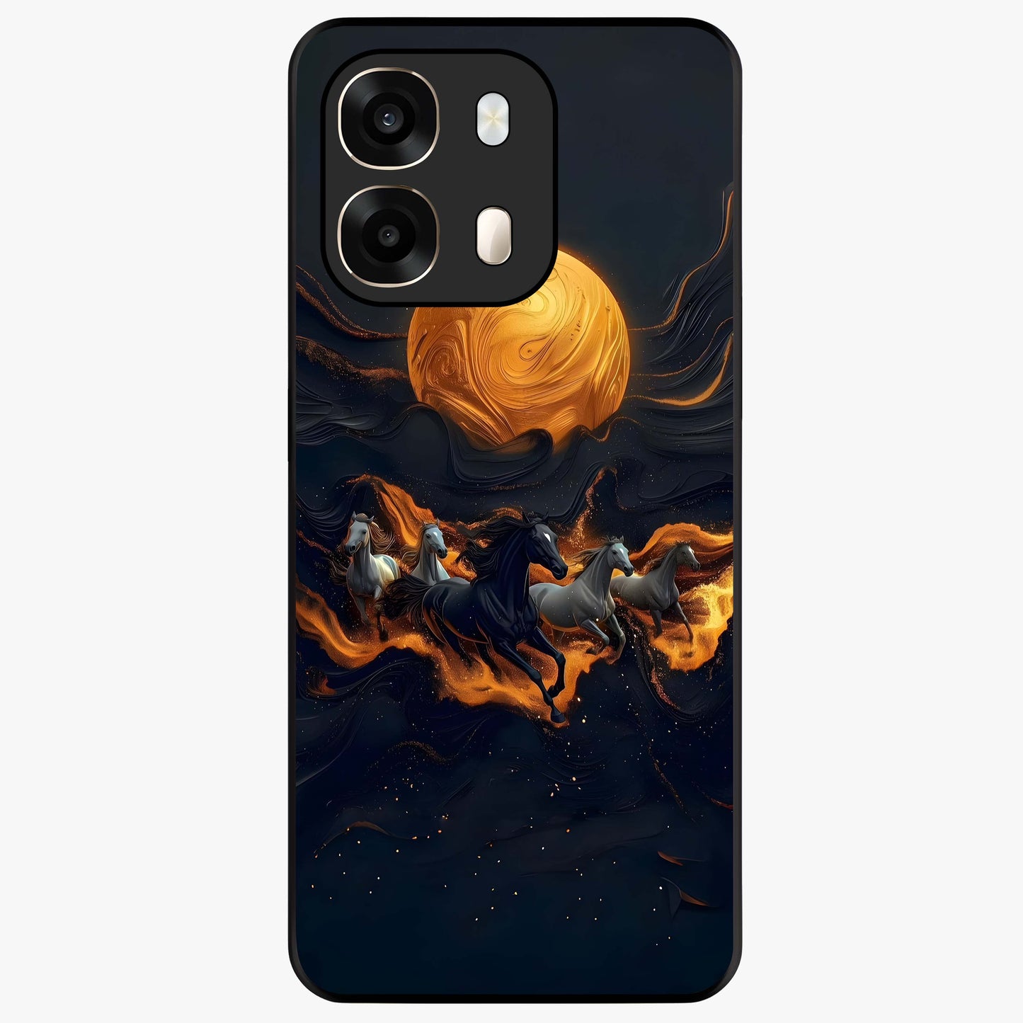 Golden Stallion Moonride Glass Case showing flat back view with majestic horse under moonlight artwork and glossy glass finish.