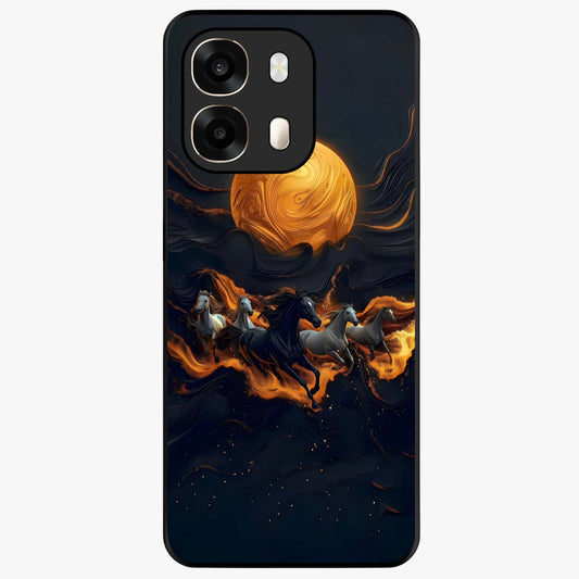 Golden Stallion Moonride Glass Case showing flat back view with majestic horse under moonlight artwork and glossy glass finish.