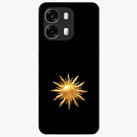 Golden Sun Minimalism Glass Case showing flat back view with minimal golden sun artwork and glossy glass finish.