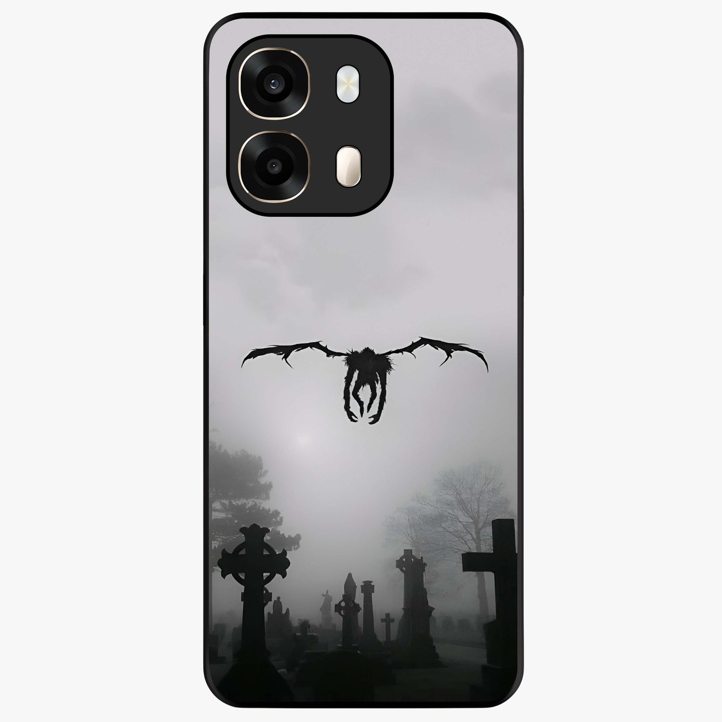 Graveyard Shadow Descent Glass Case showing flat back view with dark graveyard themed artwork and glossy glass finish.