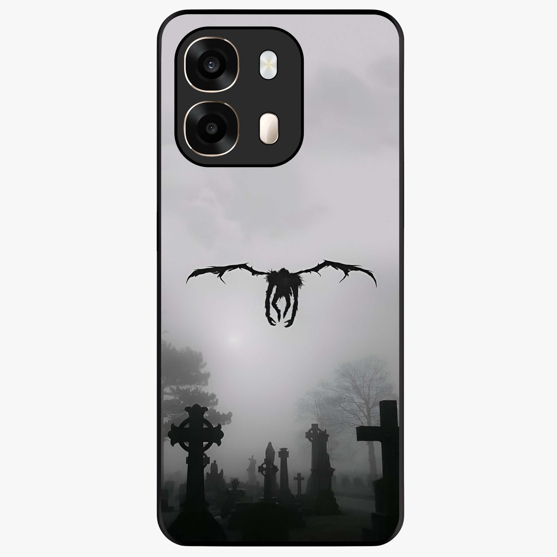 Graveyard Shadow Descent Glass Case showing flat back view with dark graveyard themed artwork and glossy glass finish.