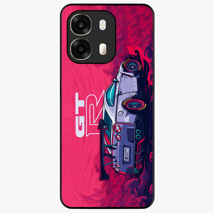GT-R Car Pattern Glass Case showing flat back view with sporty car inspired pattern artwork and glossy glass finish.
