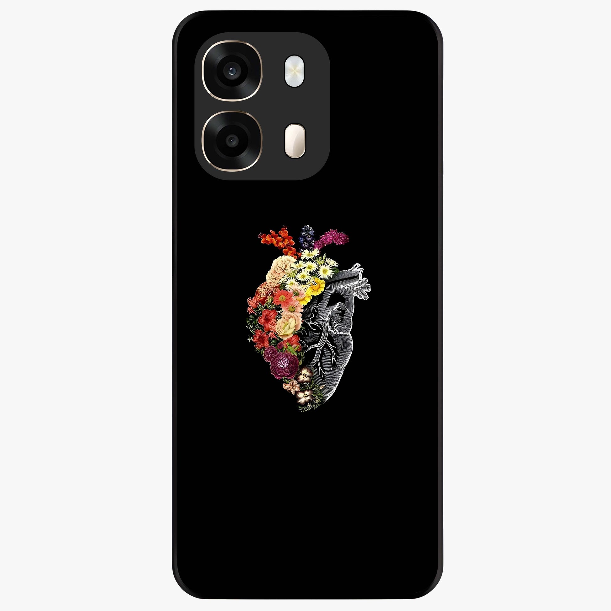 Heart With Flowers Glass Case showing flat back view with heart shaped floral artwork and glossy glass finish.