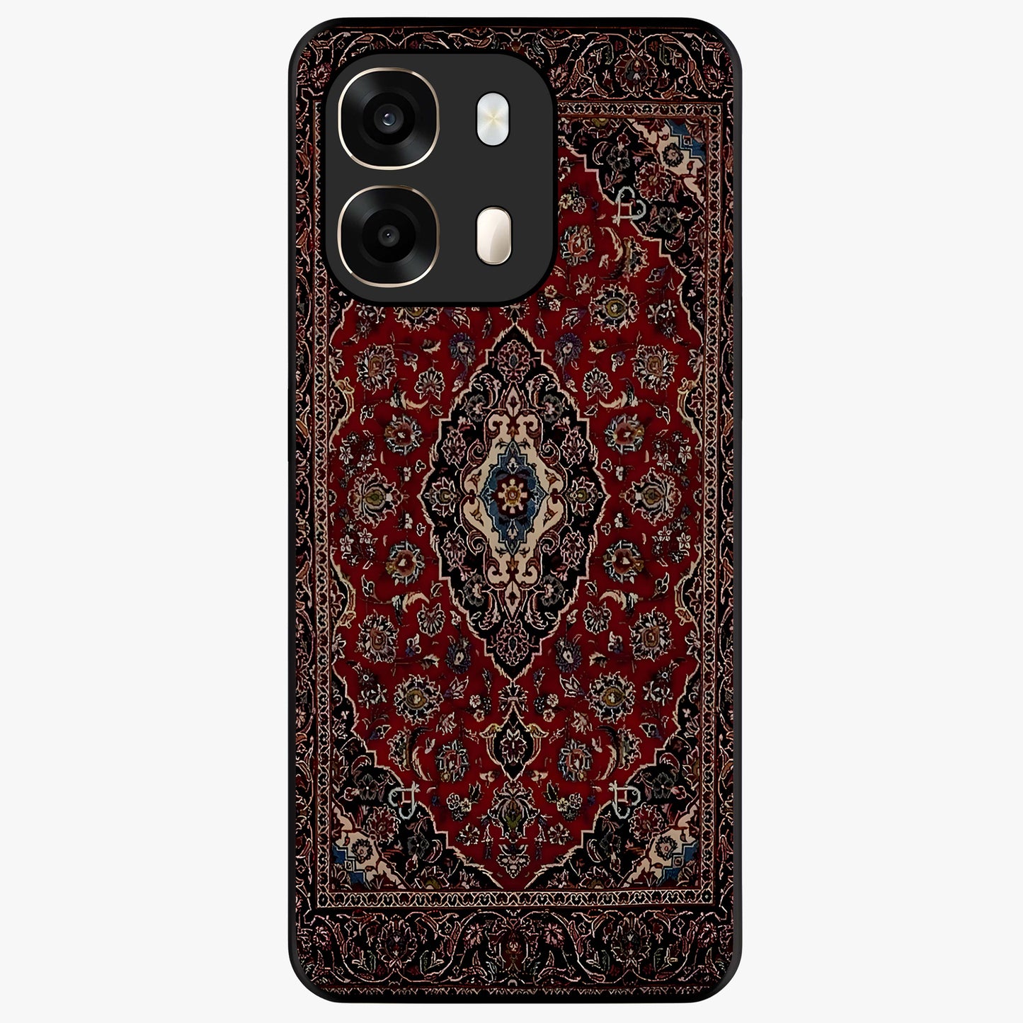 Heritage Carpet Royale Glass Case showing flat back view with ornate Persian carpet inspired pattern and glossy glass finish.