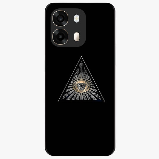 Illuminati Evil Glass Case showing flat back view with mysterious illuminati symbol artwork and glossy glass finish.