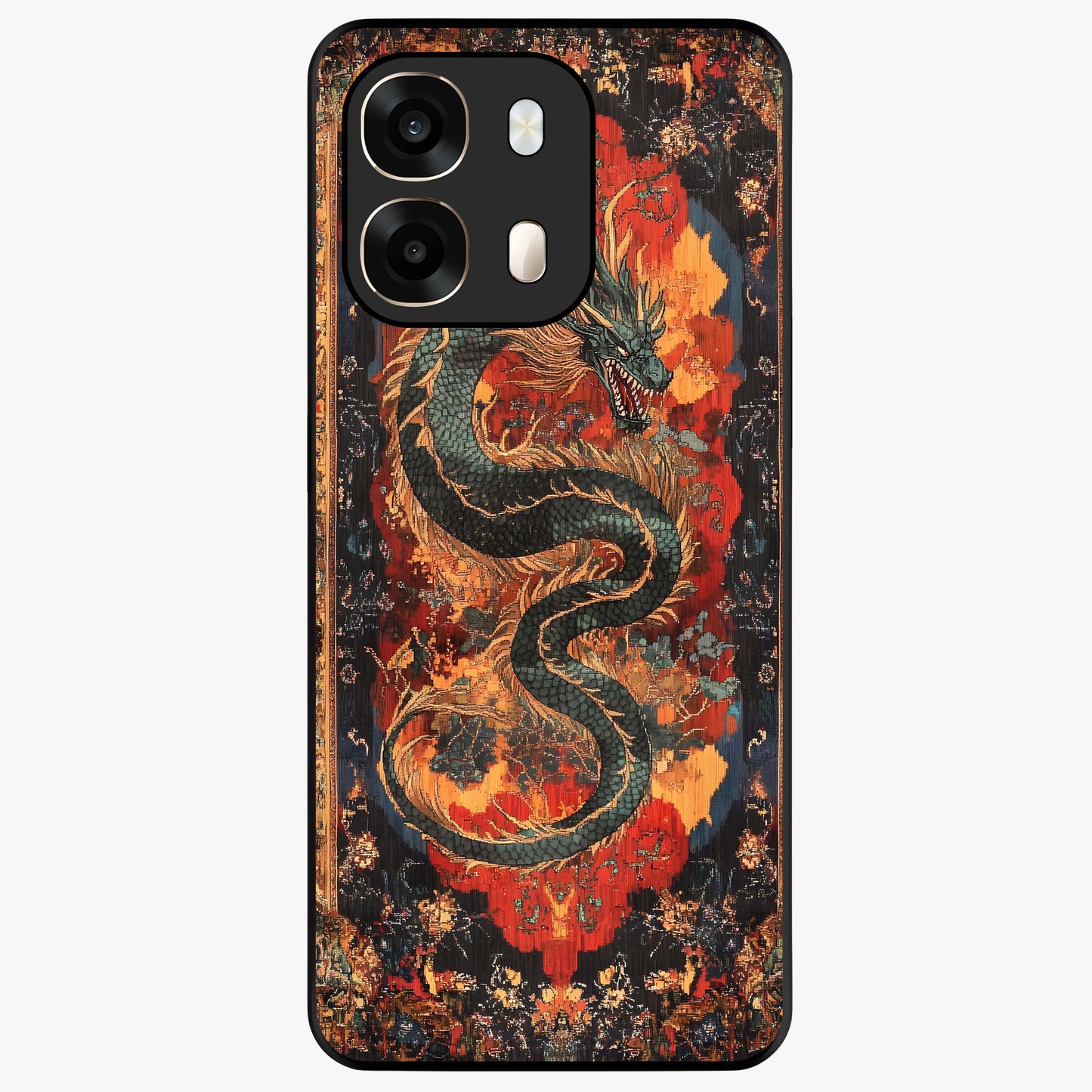 Inferno Dragon Soul Glass Case showing flat back view with fiery dragon artwork and glossy glass finish.