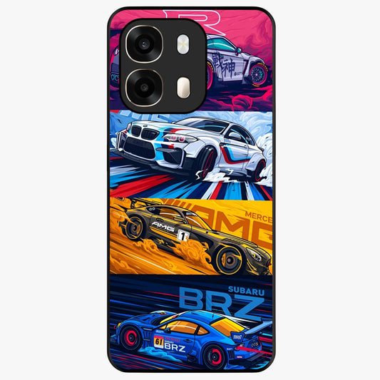 JDM Sports Car Glass Case showing flat back view with high performance sports car artwork and glossy glass finish.