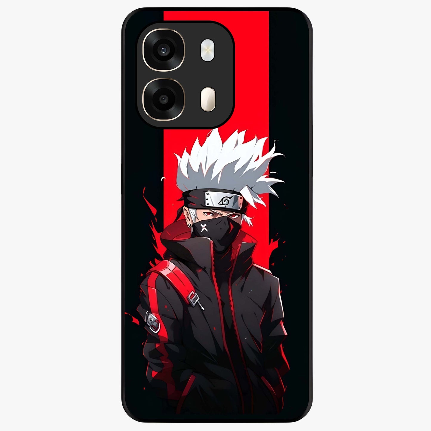 Kakashi Scarlet Shadow Glass Case showing flat back view with powerful anime ninja artwork and glossy glass finish.
