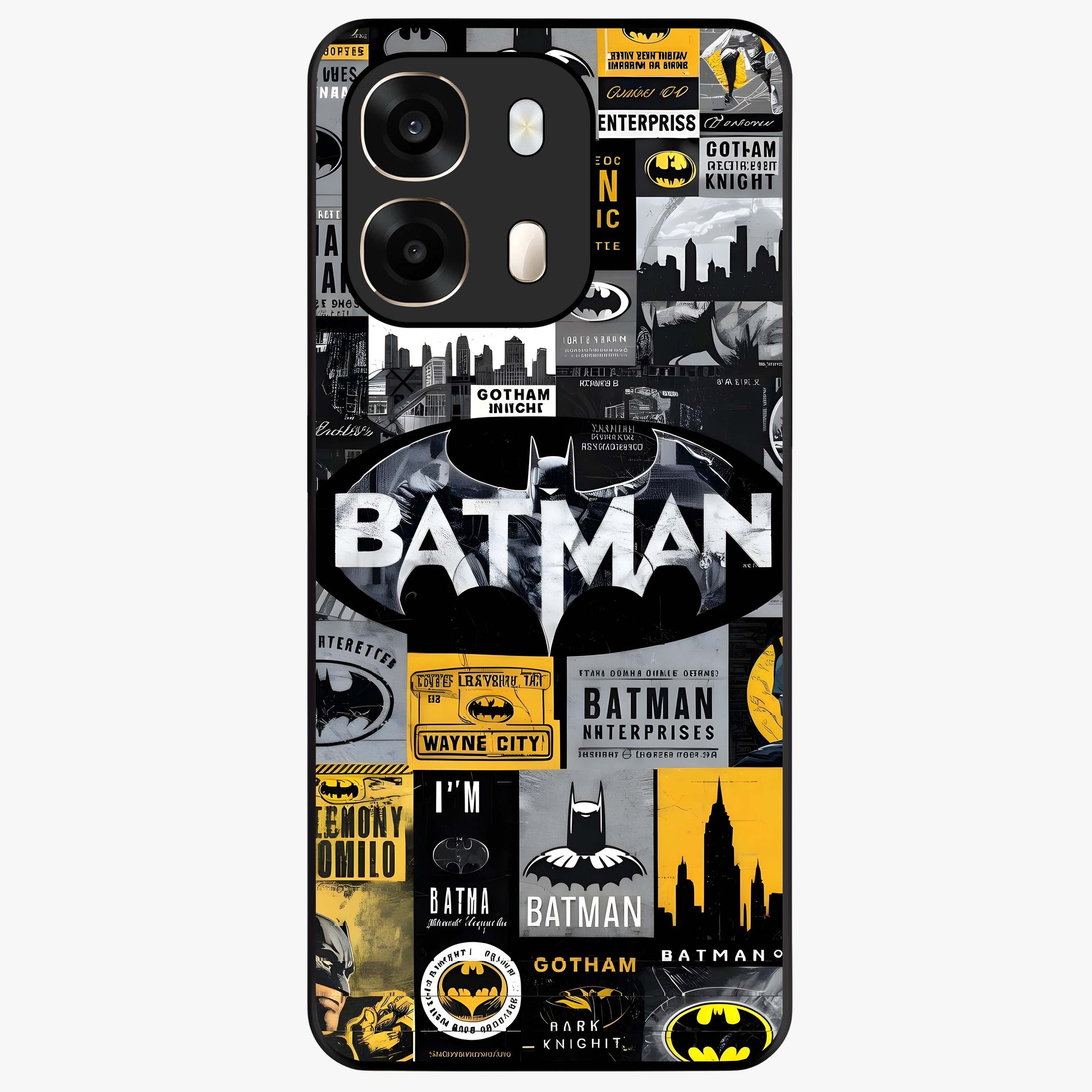Knight Gotham Rise Glass Case showing flat back view with dark hero inspired artwork and glossy glass finish.